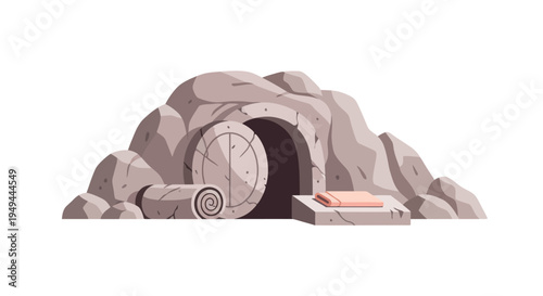 Cartoon cave entrance with stone door and rock formation