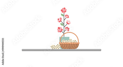 Minimalist floral composition with basket and cookies on shelf