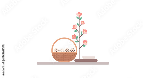 Minimalist spring decoration with blossoming branch and basket on shelf
