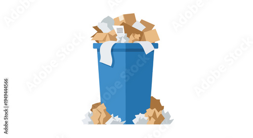 Blue trash bin overflowing with crumpled paper and boxes on white background
