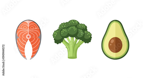 Healthy food icons: salmon, broccoli and avocado in flat design