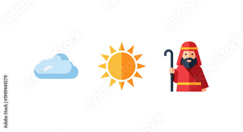 Flat design of weather icons and historical figure with staff