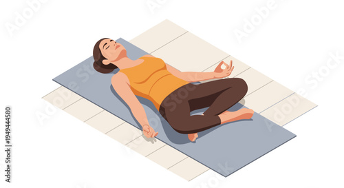 Relaxed woman in yoga pose on a mat practicing meditation in relaxing flat design