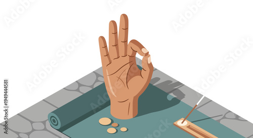 Isometric yoga scene with meditation hand gesture and incense on mat
