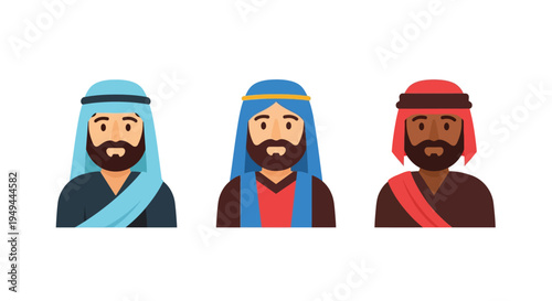 Flat style portraits of culturally diverse bearded men in traditional headwear