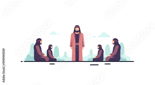 Family gathering in traditional attire with pastel colors and minimalist design