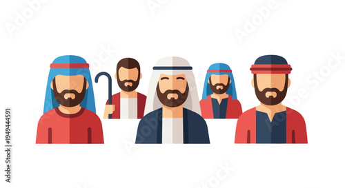 Flat design middle eastern characters in traditional attire with varied headgear