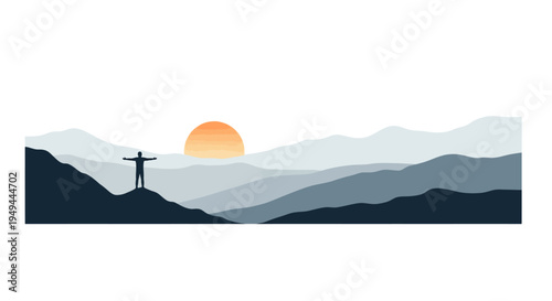 Serene sunrise over mountain landscapes with silhouette of person on peak