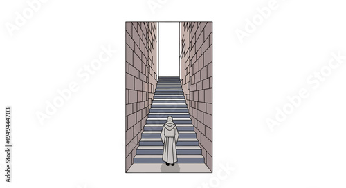 Minimalist staircase journey with solitary figure in monochrome corridor