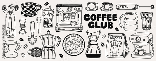 Coffee club themed illustration set with cups, beans, pastries, brewing tools, and cafe elements. Black and white doodle collection featuring coffee lettering, desserts, and barista essentials.