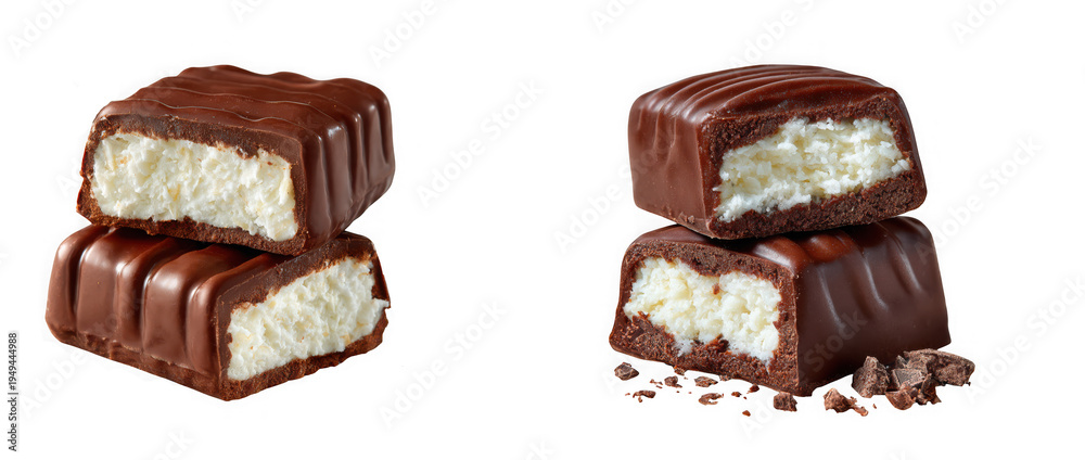 Obraz premium Stack of delicious chocolate bars with coconut filling isolated on transparent background 
