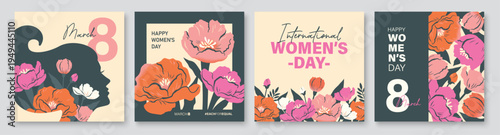 Set of Women's Day greeting cards, posters and floral banners with flowers, leaves and bold typography in flat geometric style using pastel colors and modern decorative compositions.