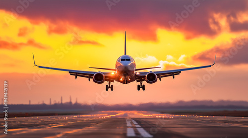 commercial airplane taking off at sunrise