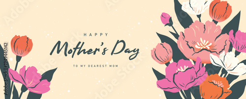 Mother's Day horizontal floral banner with blooming flowers, leaves and elegant typography in flat geometric style featuring pastel colors and modern decorative spring composition