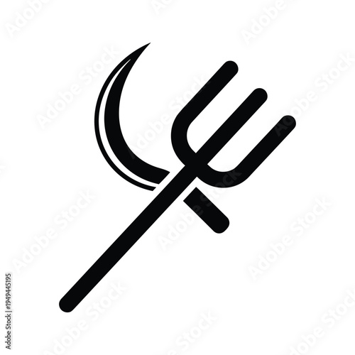 Vector Icon of Sickle and Pitchfork Crossed on White Background, Symbolizing Agriculture, Harvest, Communism, Labor, and Tools