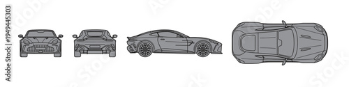 Luxury Sports Car Grey Vector Illustration Set, Supercar Front Rear Side and Top Views