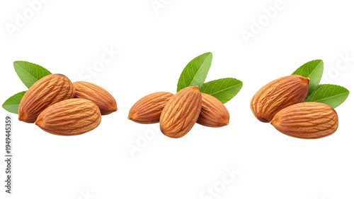 Three sets of almonds with green leaves isolated on transparent background