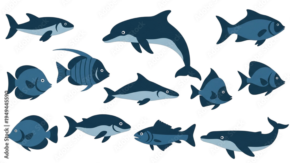 Obraz premium Marine Animals Silhouette Set, Fish Dolphin Whale Dark to Light Blue Elements Isolated on White