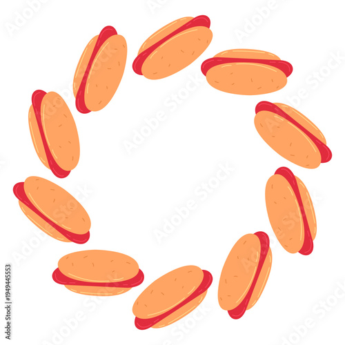Hotdogs arranged in circle isolated on white background. Round frame. Bakery food illustration decorative pattern
