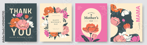 Set of Mother's Day greeting cards, posters and appreciation templates with flowers, portrait and stylish typography in flat geometric style using pastel tones and modern floral layouts.