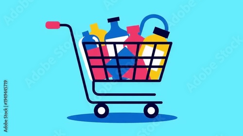 Shopping Cart Full of Household Cleaning Products.