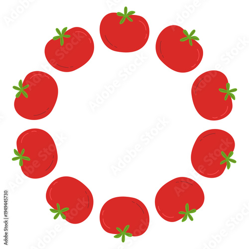 Red tomatoes arranged in circle isolated on white background. Round frame. Vegetable illustration decorative pattern