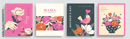 Set of Mother's Day greeting cards, posters and social media templates with flowers, gift box, hands and elegant typography in flat geometric style with pastel decorative layout.