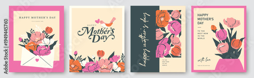Set of Mother's Day cards, posters and greeting templates with flowers, leaves and decorative typography in flat geometric style with pastel colors, elegant frames and modern layouts.