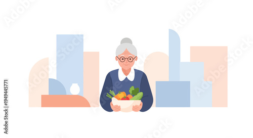 Elderly woman holding vegetables against modern soft geometric background