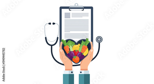Doctor holding heart-shaped tray with vegetables and stethoscope on clipboard
