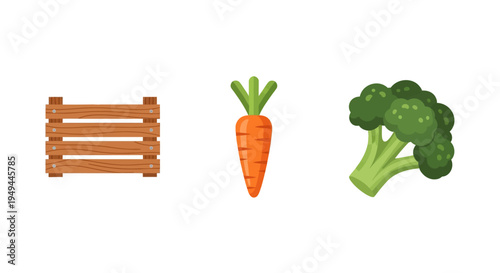 Fresh produce: wooden crate, carrot, and broccoli in flat design
