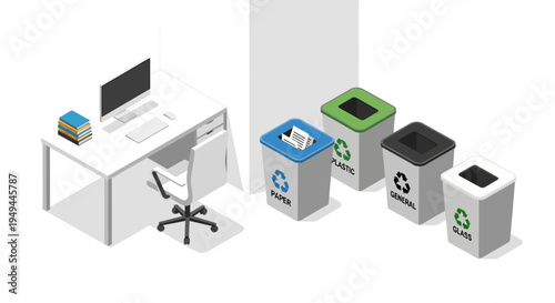 Isometric office recycling bins with segregated waste management setup