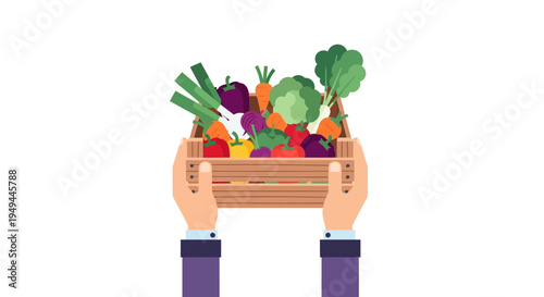 Hands holding box of fresh vegetables in flat design style
