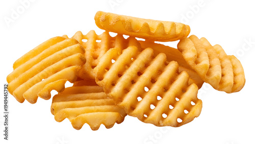 Crispy golden waffle fries piled together isolated on transparent background