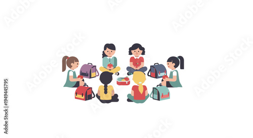 Children enjoying picnic with backpacks in circle formation