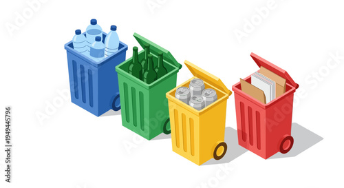 Colorful isometric recycling bins for sorting plastic, glass, metal, and paper waste