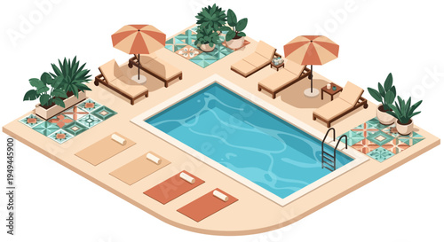 Tropical poolside oasis with modern design elements and relaxation vibes