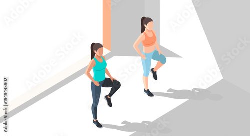 Isometric exercise routine with two women in modern gym setting