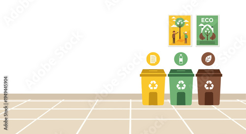 Eco-friendly waste sorting bins in flat design for recycling awareness