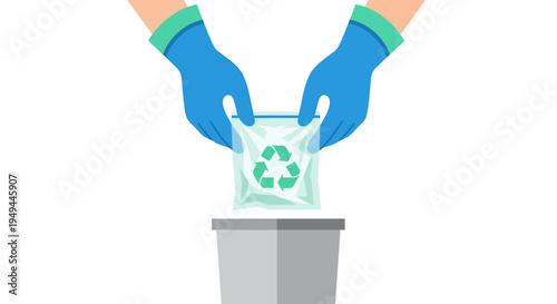 Hands with gloves placing recycling bag in bin: eco-friendly waste management concept