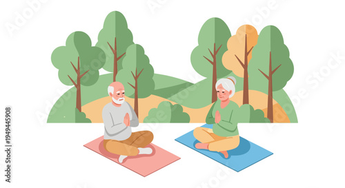 Seniors practicing yoga outdoors in a peaceful park setting with trees and nature