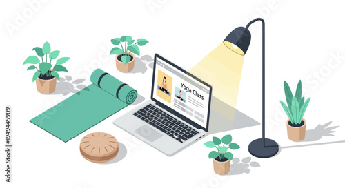 Isometric home yoga setup with laptop, plants, and lamp in minimalist style
