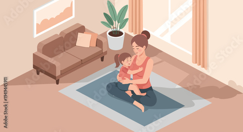Mother and child bonding in cozy living room setting with calm palette