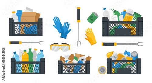Recycling and waste management tools and containers with gloves and protective gear