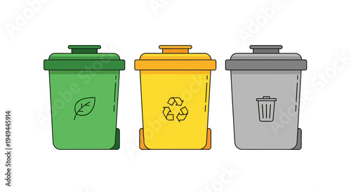 Recycling bins in modern flat design for waste segregation