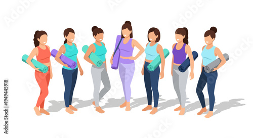 Diverse women ready for yoga in modern flat design