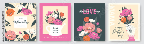Set of Mother's Day greeting cards, banners, posters and social media templates with flowers, leaves and elegant typography in flat geometric style and soft pastel color palette design.