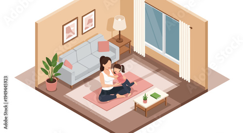 Cozy living room scene with mother and child in isometric design