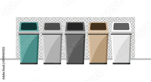 Colorful trash cans with modern design against patterned wall background