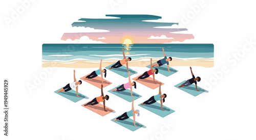 Group yoga class on beach at sunset in minimalist art style
